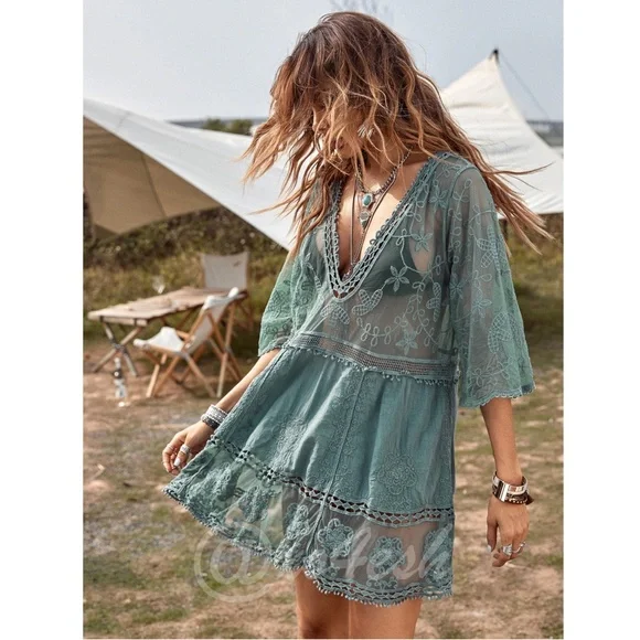 Dusty Green Lace Coverup Dress Tunic Bohemian Short - Picture 3 of 10